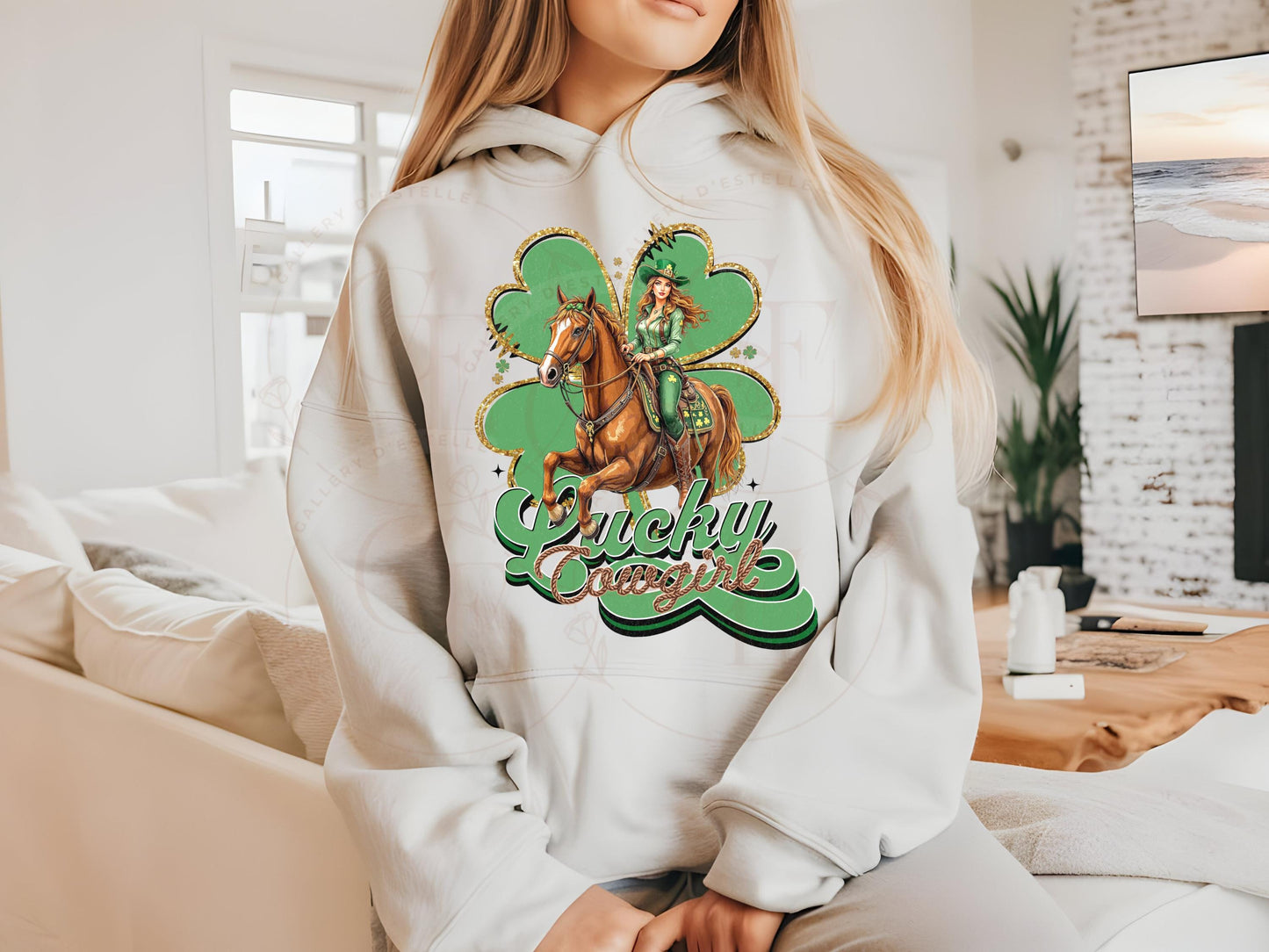 Lucky Cowgirl PNG, St. Patricks Day Western Graphic, Retro Lucky Clover Art, Trendy Country Shirt Design