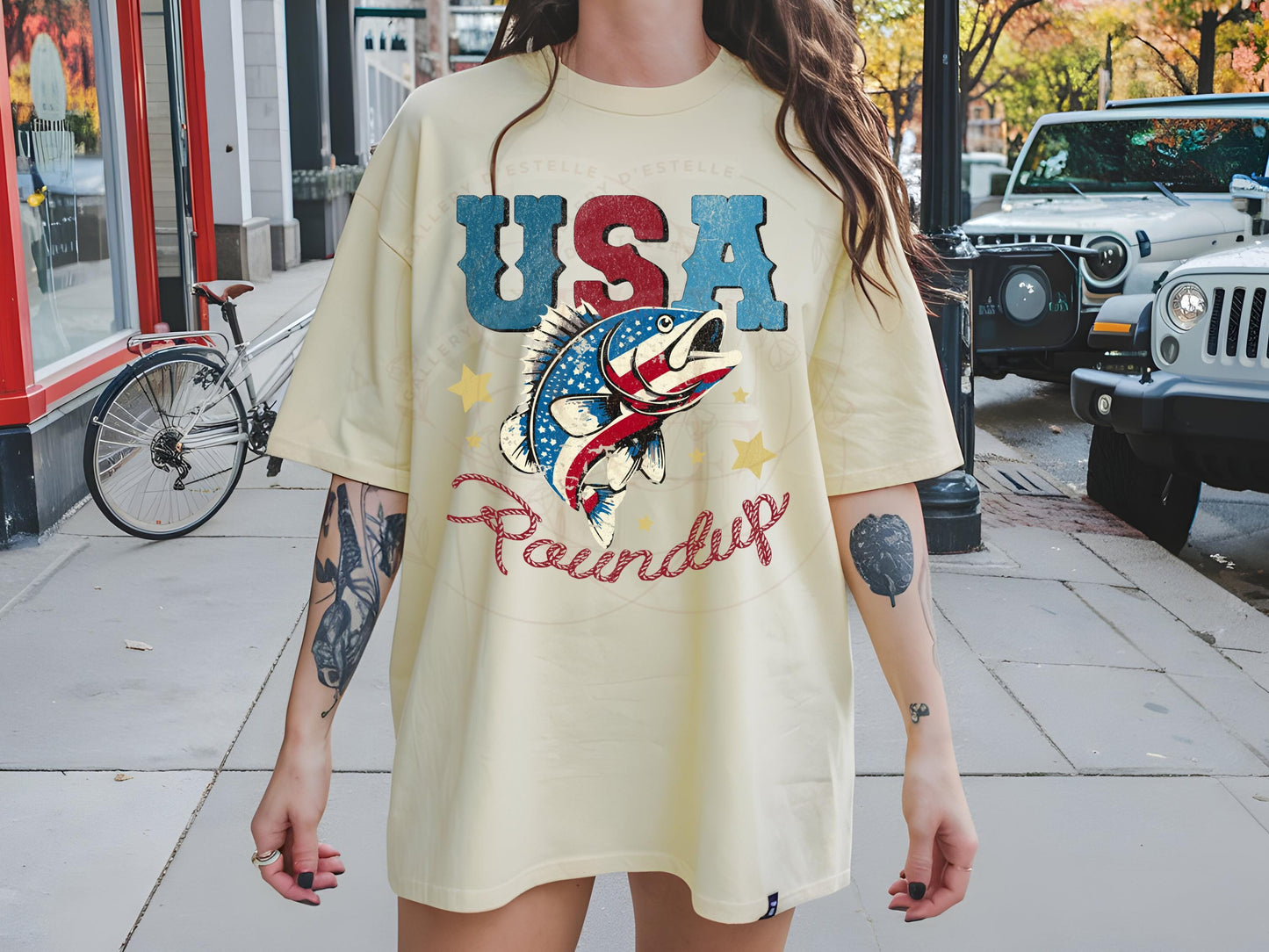 USA Roundup PNG, Retro Patriotic Bass Fish Graphic, Western 4th of July Independence Day Shirt Design