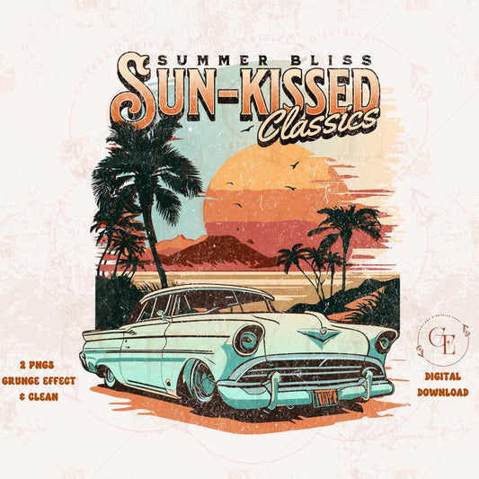 Vintage-style design with a classic car, palm trees, and sunset, featuring 'Sun-Kissed Classics' text.