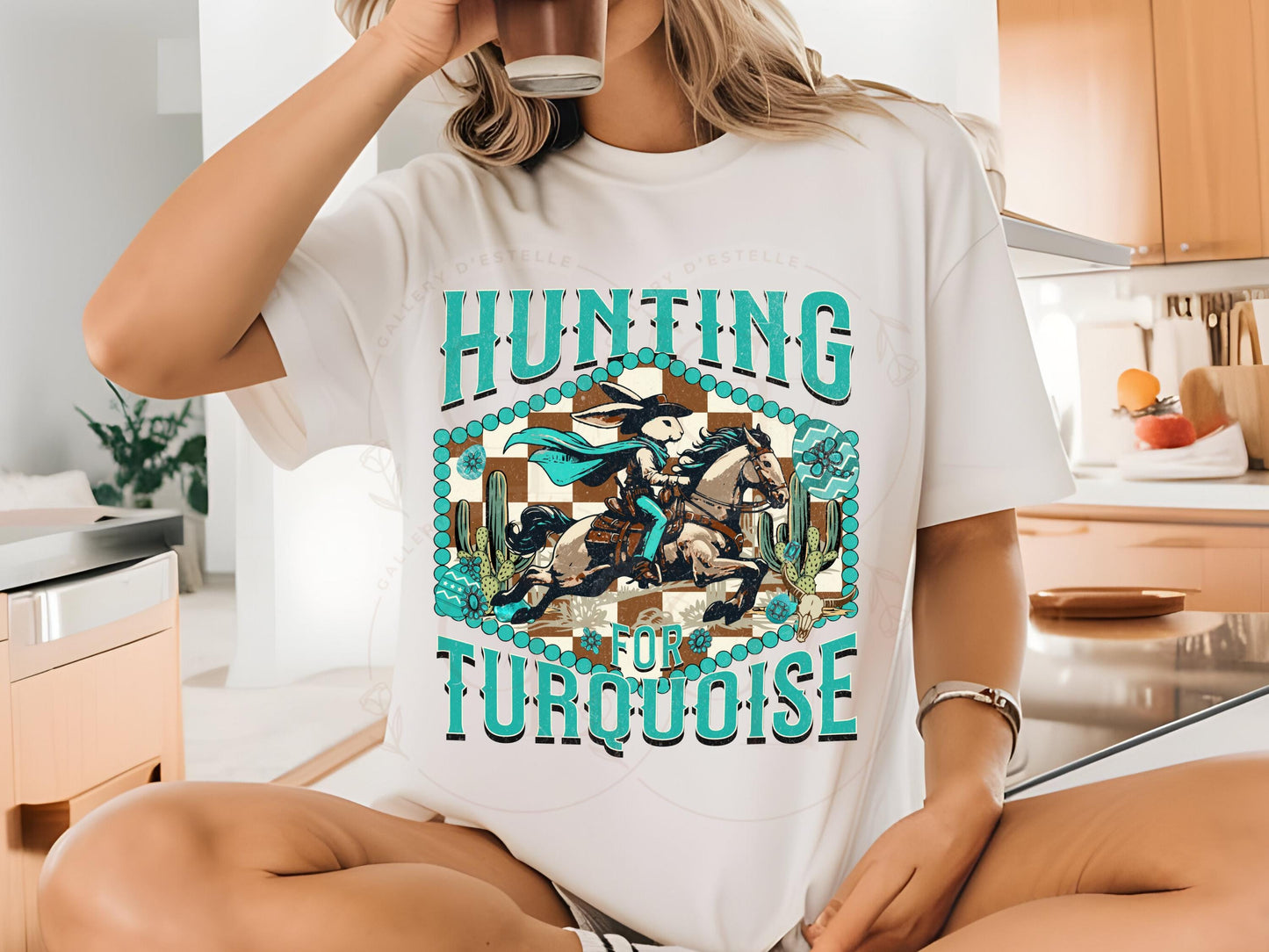 Hunting for Turquoise PNG, Wild West Easter Bunny Rodeo Graphic, Western Cowgirl Turquoise Checkered Shirt Design