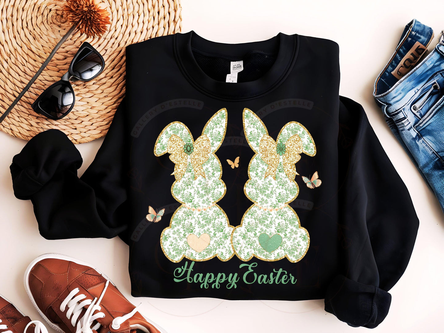 Coquette Green Toile Bunnies PNG, Vintage Glitter Lace Bow Graphic, Happy Easter Art, Country Chic Shirt Design