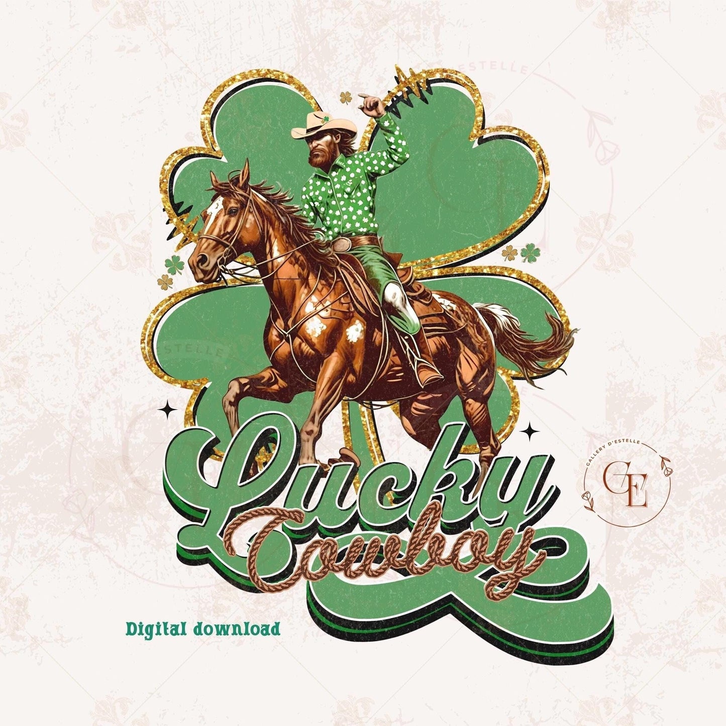 Lucky Cowboy PNG, St. Patricks Day Western Graphic, Retro Lucky Clover Art, Trendy Country Shirt Rodeo Design