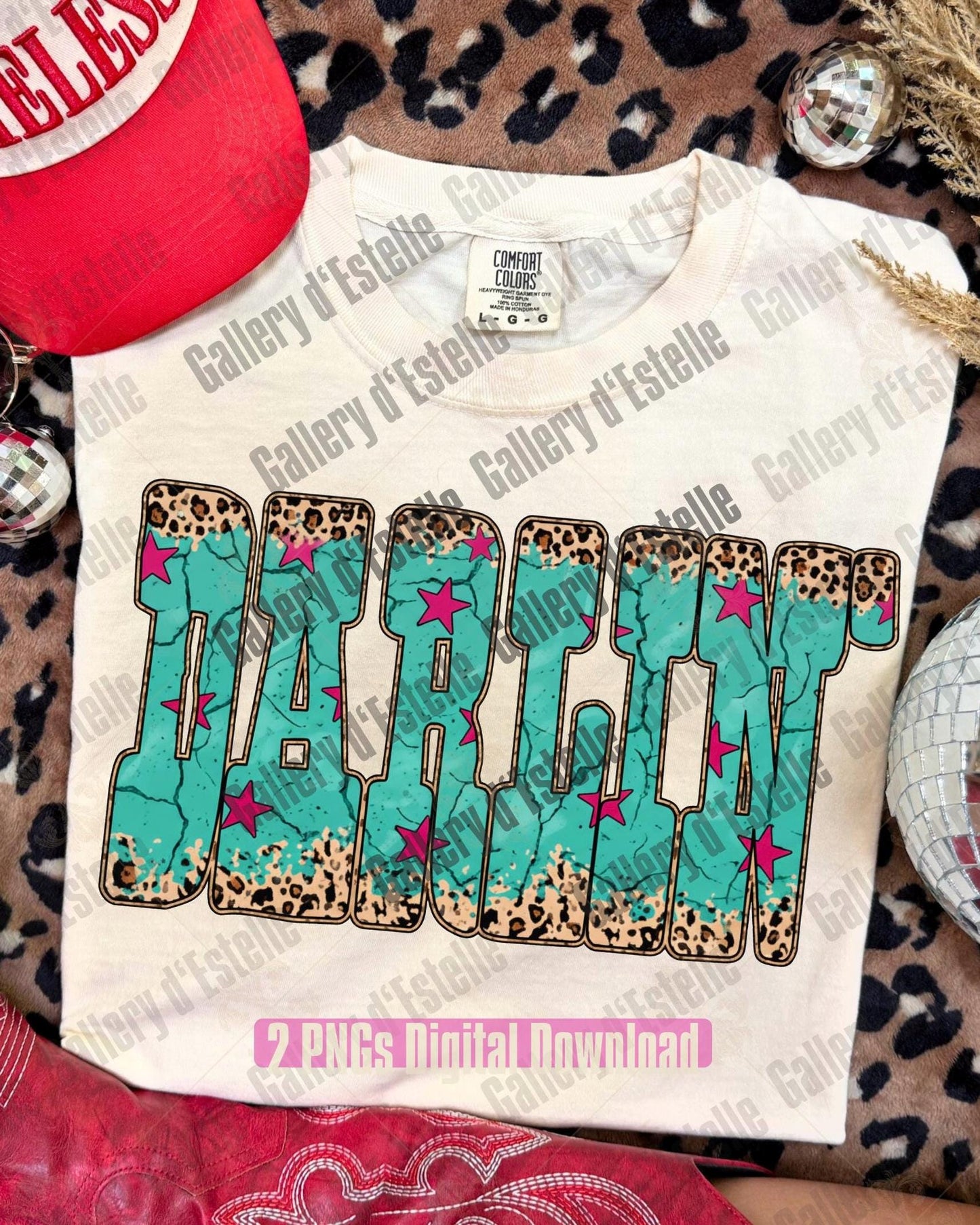 White t-shirt with 'DARLIN' design on a leopard print surface