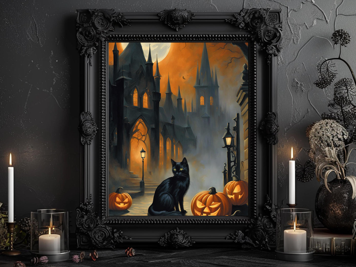 Haunted Black Cats Wall Art Set, Eerie Feline Dark Aesthetic Prints for Gothic Halloween Decor