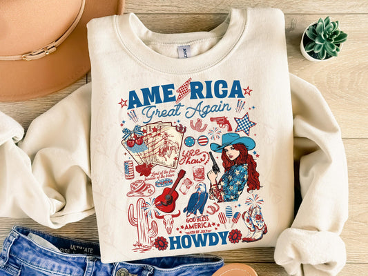 America Great Again PNG, Patriotic Cowgirl Collage, Western 4th of July Graphic, Trendy Checkered Country Shirt Design