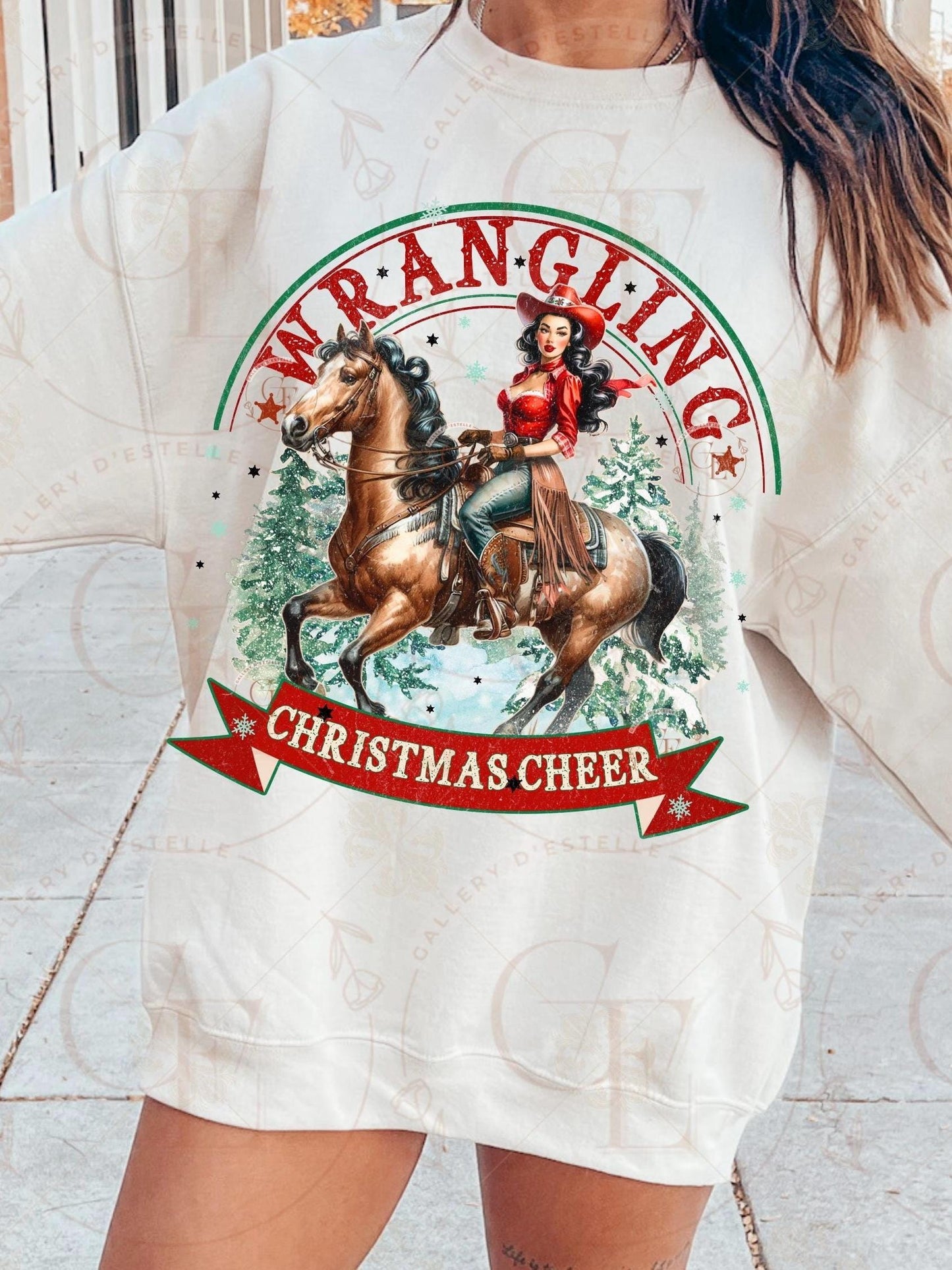 Wrangling Christmas Cheer PNG, Retro Cowgirl Holiday Graphic, Festive Westerm Rodeo Sublimation, Trendy Country Shirt Design