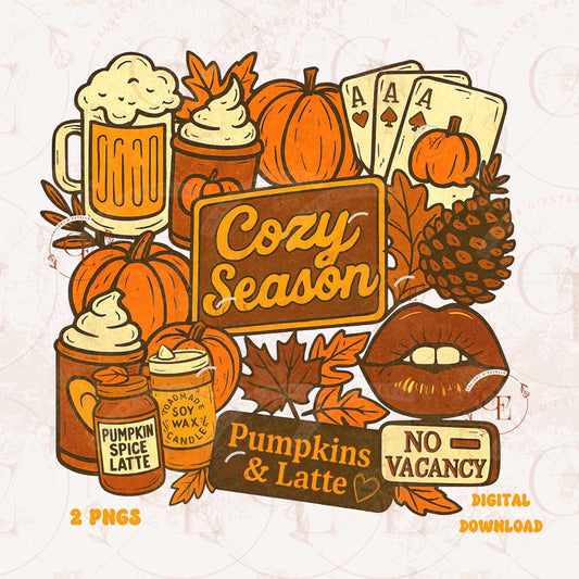 Illustrations of pumpkins, mugs, and autumn elements with 'Cozy Season' text on a patterned background.