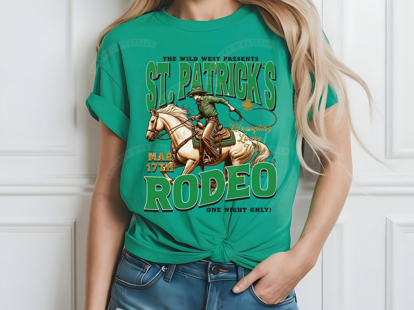 St. Patrick's Rodeo Western PNG, Vintage Lucky Cowboy Shamrock Graphic, Festive Country Shirt Design