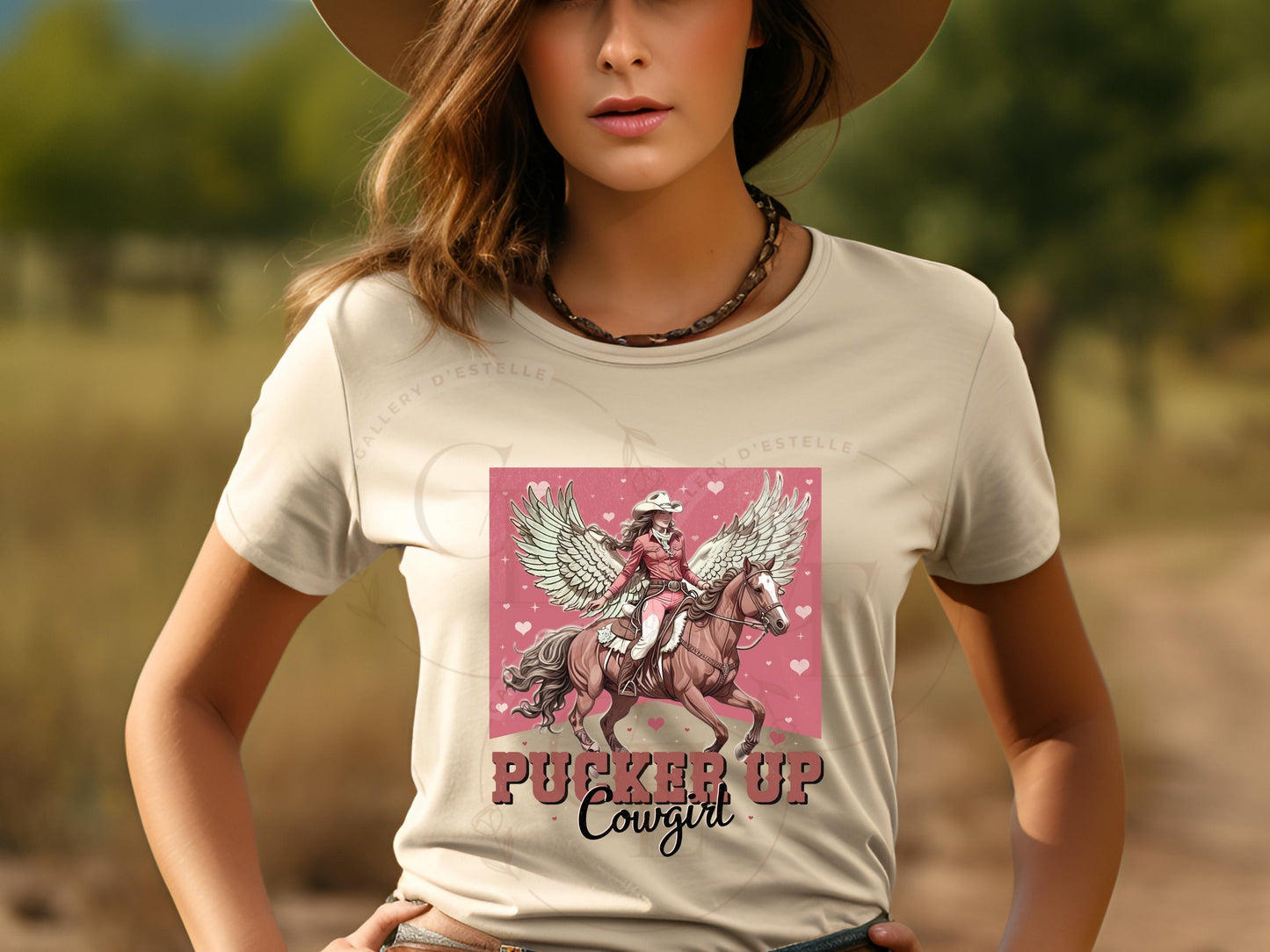 Pucker Up Cowgirl PNG, Vintage Western Valentine Graphic, Retro Cupid Horse Design, Trendy Country Shirt Sublimation