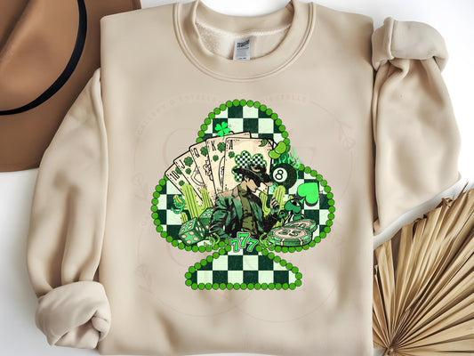 Feeling Lucky Cowboy PNG, Western Playing Cards and Shamrock Club Graphic, Trendy Checkered Country Shirt Design