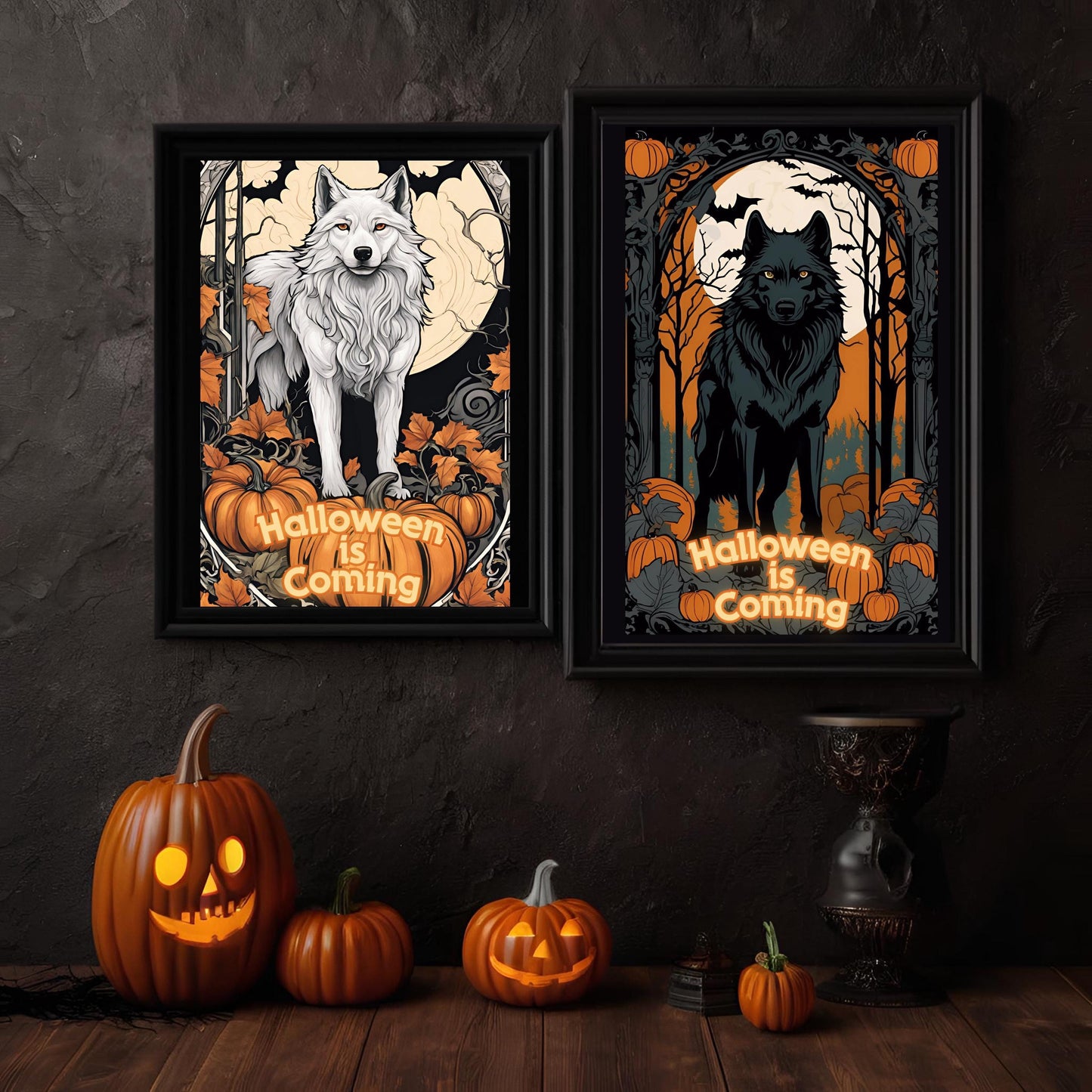 Halloween Wolves Wall Art Bundle, "House Spark" Spooky Halloween Art Nouveau Decoration