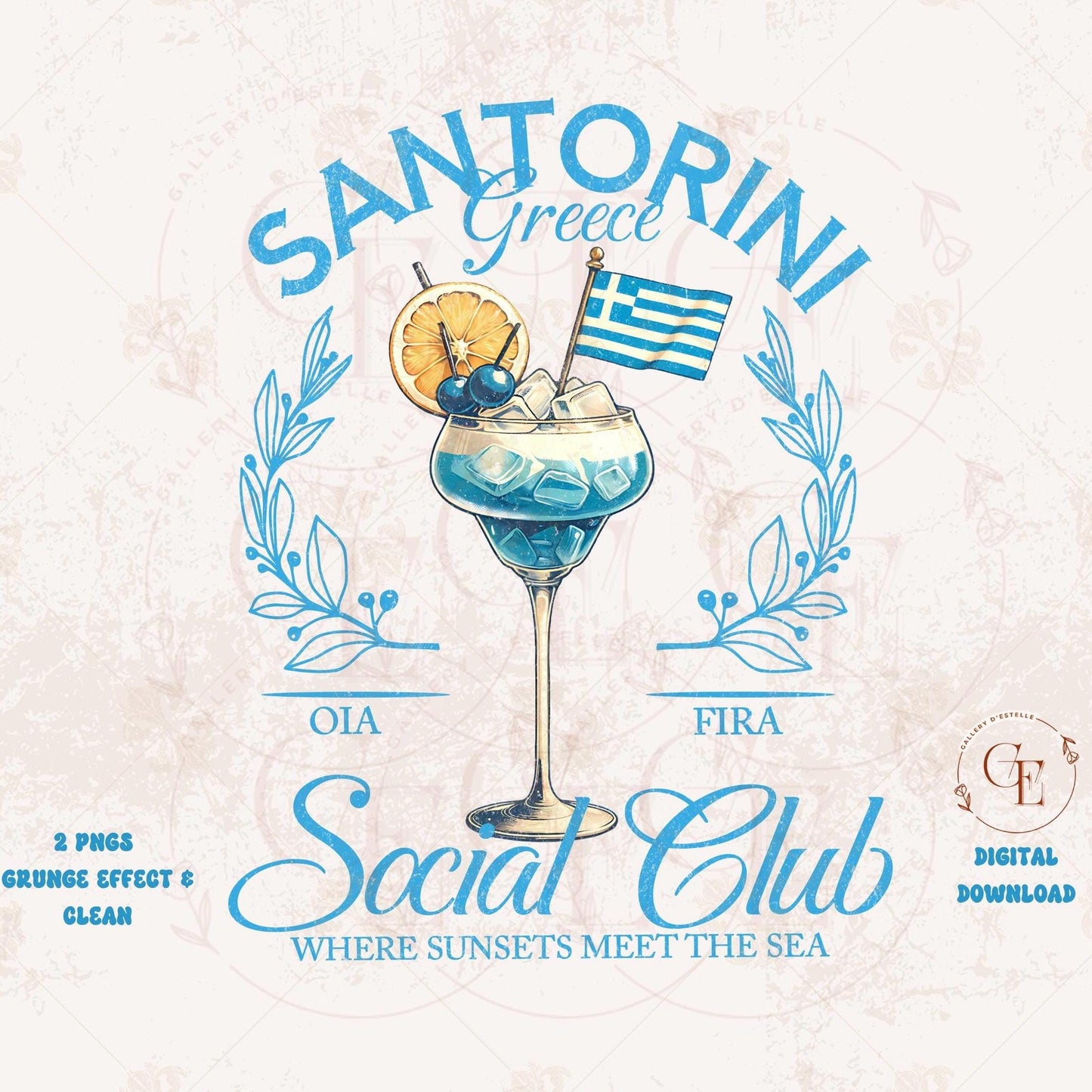 Digital design with the text "Santorini Social Club" with a Greek summer cocktail illustration 
