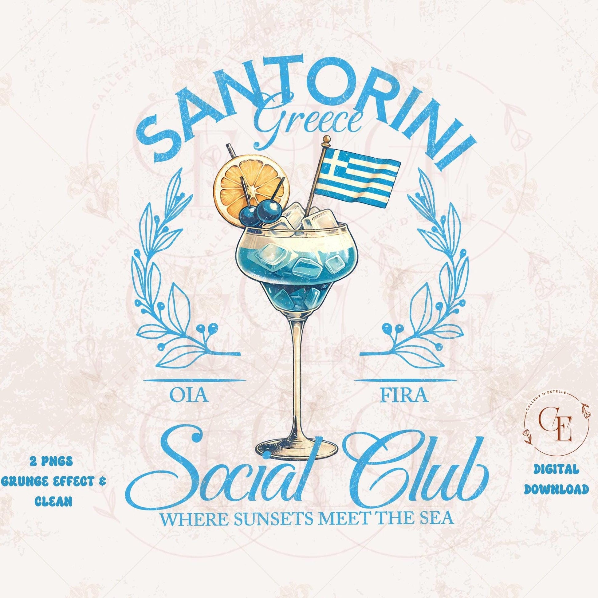 Digital design with the text "Santorini Social Club" with a Greek summer cocktail illustration 