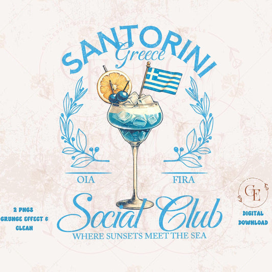 Digital design with the text "Santorini Social Club" with a Greek summer cocktail illustration 