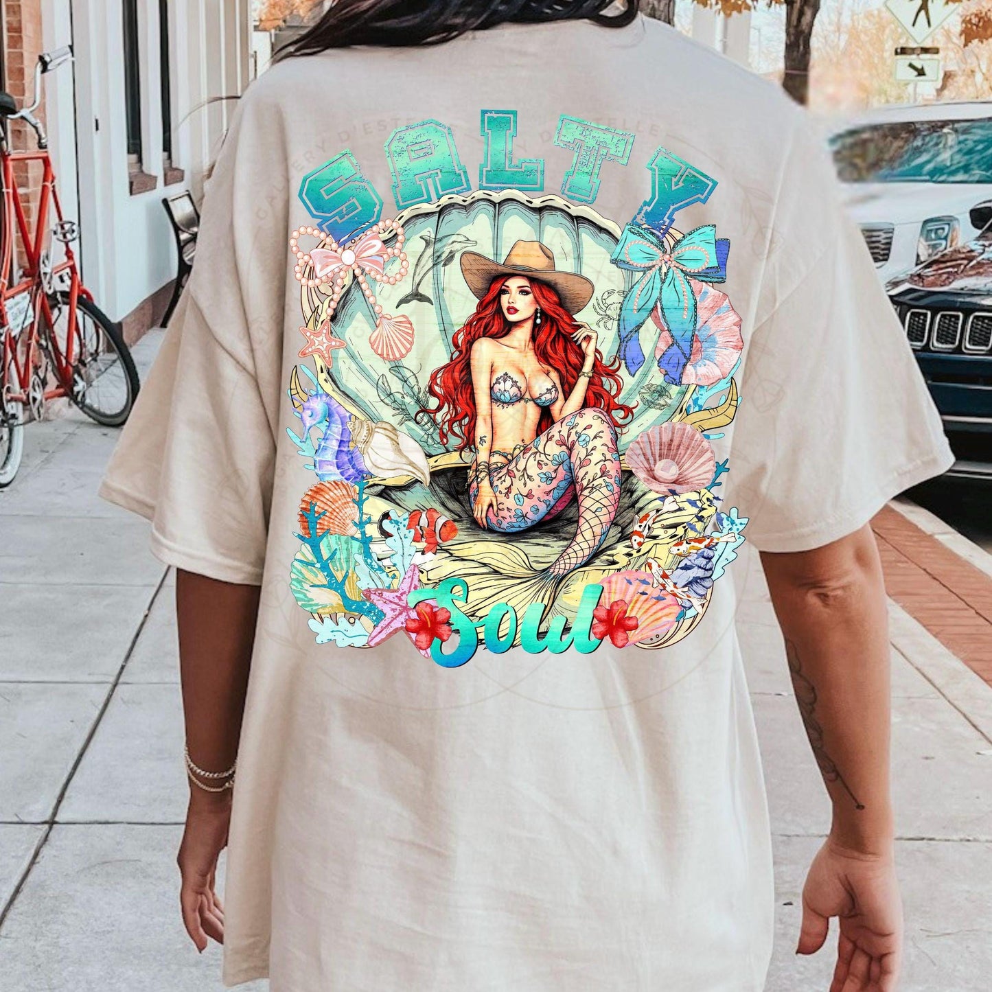 Salty Soul PNG, Coquette Cowgirl Mermaid Graphic, Coastal Summer Girl Art, Western Beach Shirt Design