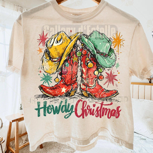 Western Howdy Boots PNG, Festive Cowboy Christmas Graphic, Coquette Cowgirl Holiday Shirt Design