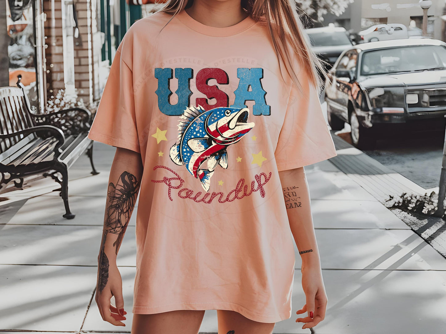 USA Roundup PNG, Retro Patriotic Bass Fish Graphic, Western 4th of July Independence Day Shirt Design