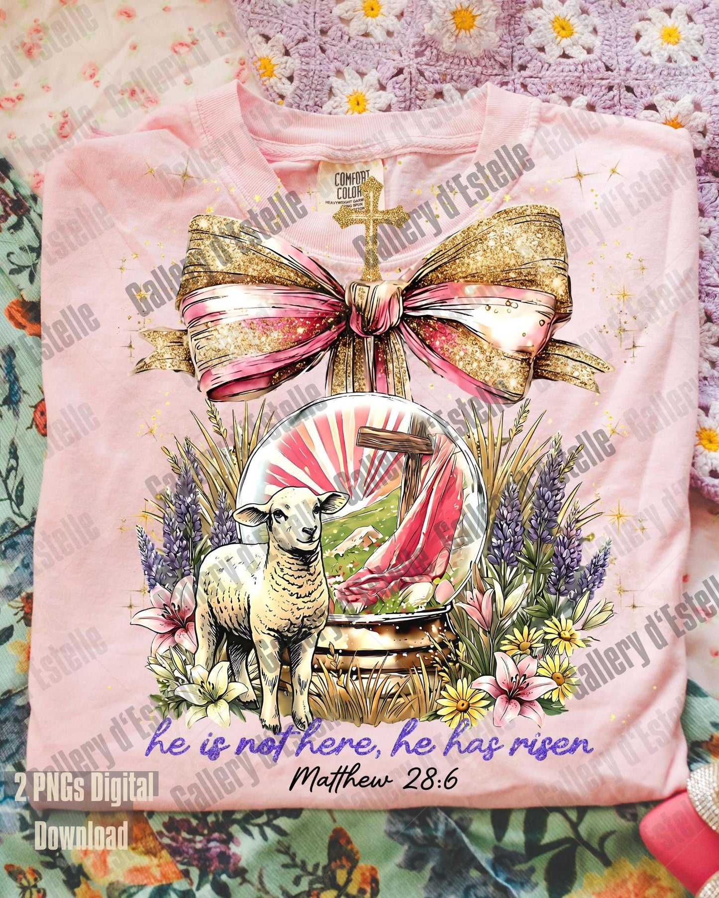 Pink fabric with a printed design of a sheep, cross, and bow on a floral background.