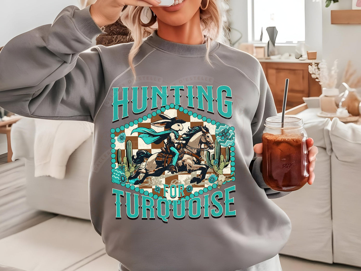 Hunting for Turquoise PNG, Wild West Easter Bunny Rodeo Graphic, Western Cowgirl Turquoise Checkered Shirt Design