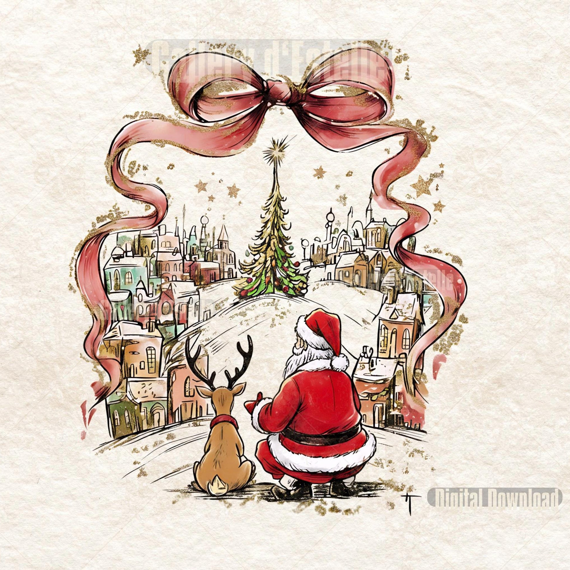 Illustration of Santa Claus with a reindeer in a snowy village scene, framed by a large pink bow.