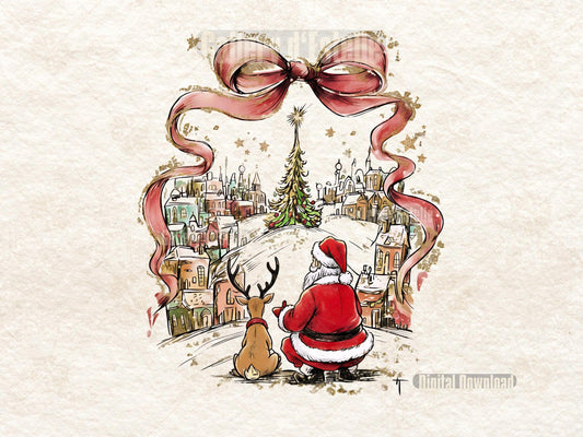 Coquette Christmas Town PNG, Retro Santa and Reindeer Graphic, Whimsical Holiday Sublimation, Festive Shirt Design