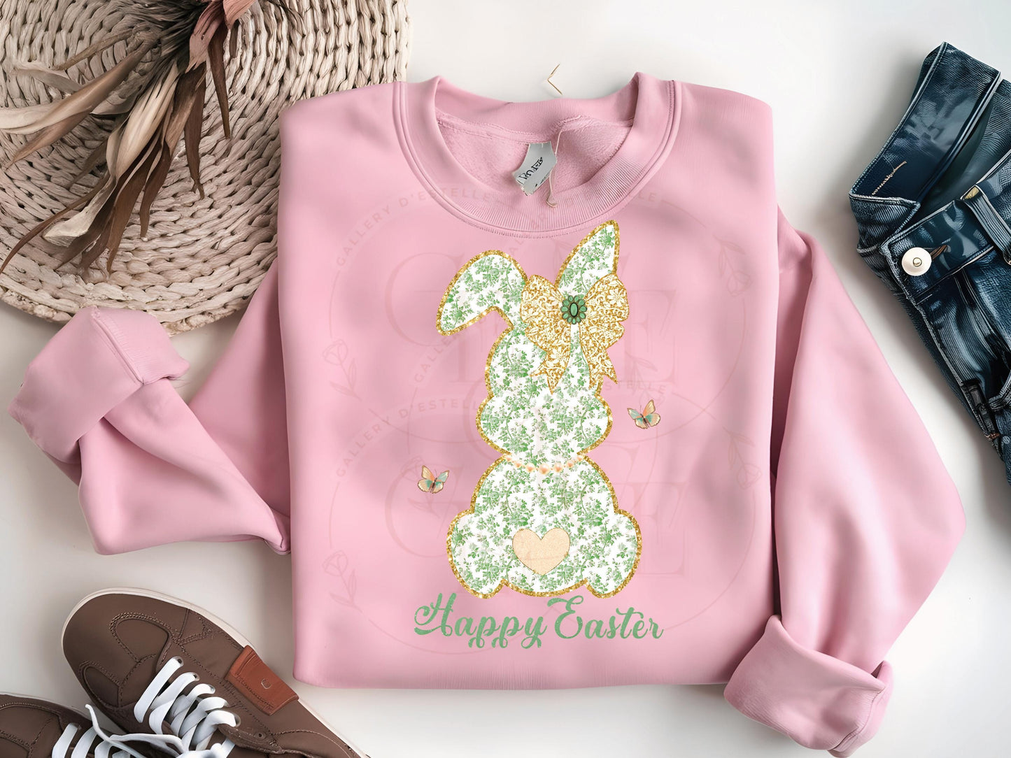 Coquette Green French Toile Bunny PNG, Vintage Glitter Lace Bow Graphic, Happy Easter Art, Country Chic Shirt Design