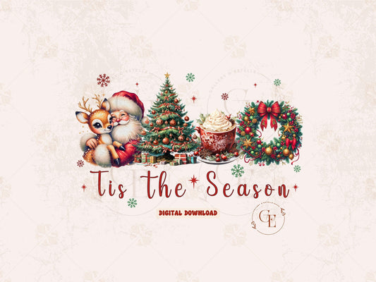 Tis the Season Christmas PNG, Vintage Santa Claus Christmas Tree Coffee Wreath Graphic, Coquette Holiday Shirt Sublimation