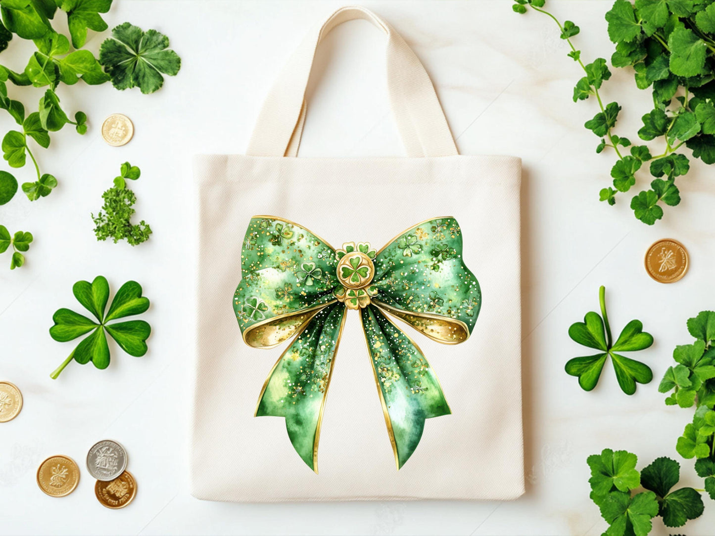 St. Patrick’s Day Green Bow PNG, Glittery Lucky Charm Design, Coquette Clover Clipart