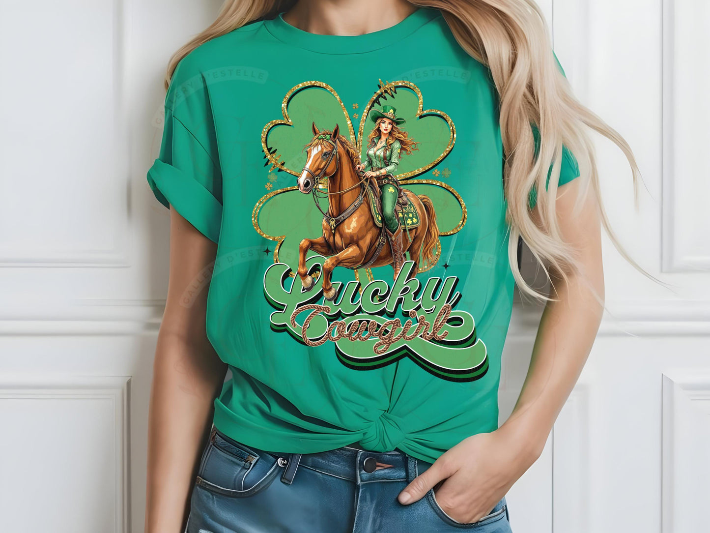 Lucky Cowgirl PNG, St. Patricks Day Western Graphic, Retro Lucky Clover Art, Trendy Country Shirt Design