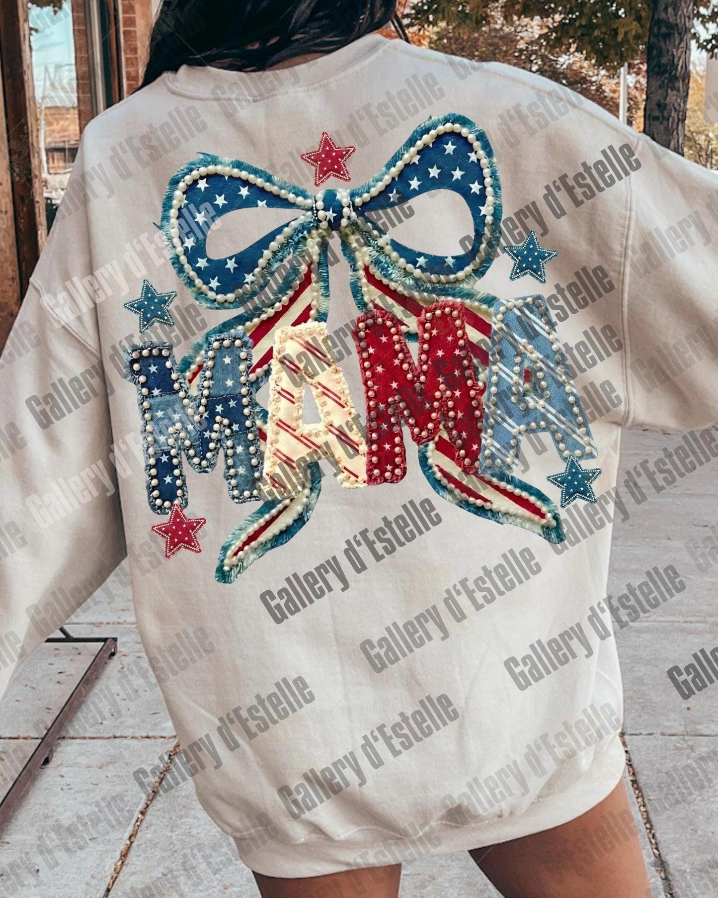 Coquette Patriotic Mama PNG, Retro American Patchwork Graphic, Trendy 4th of July Mom Shirt Design