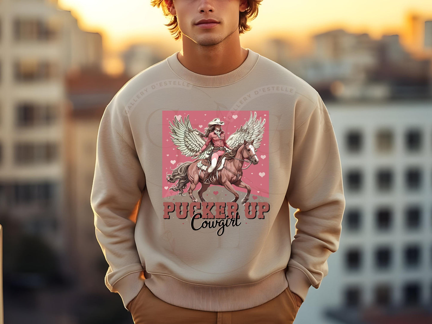 Pucker Up Cowgirl PNG, Vintage Western Valentine Graphic, Retro Cupid Horse Design, Trendy Country Shirt Sublimation