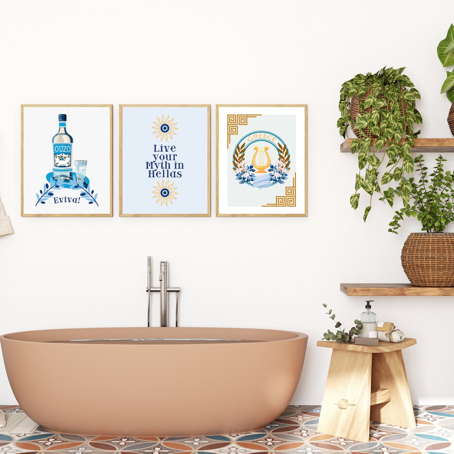 Greek Wall Art Set, Modern Mediterranean Home Decor, Hellenic Culture Prints, Greece Summer Vibes Digital Art