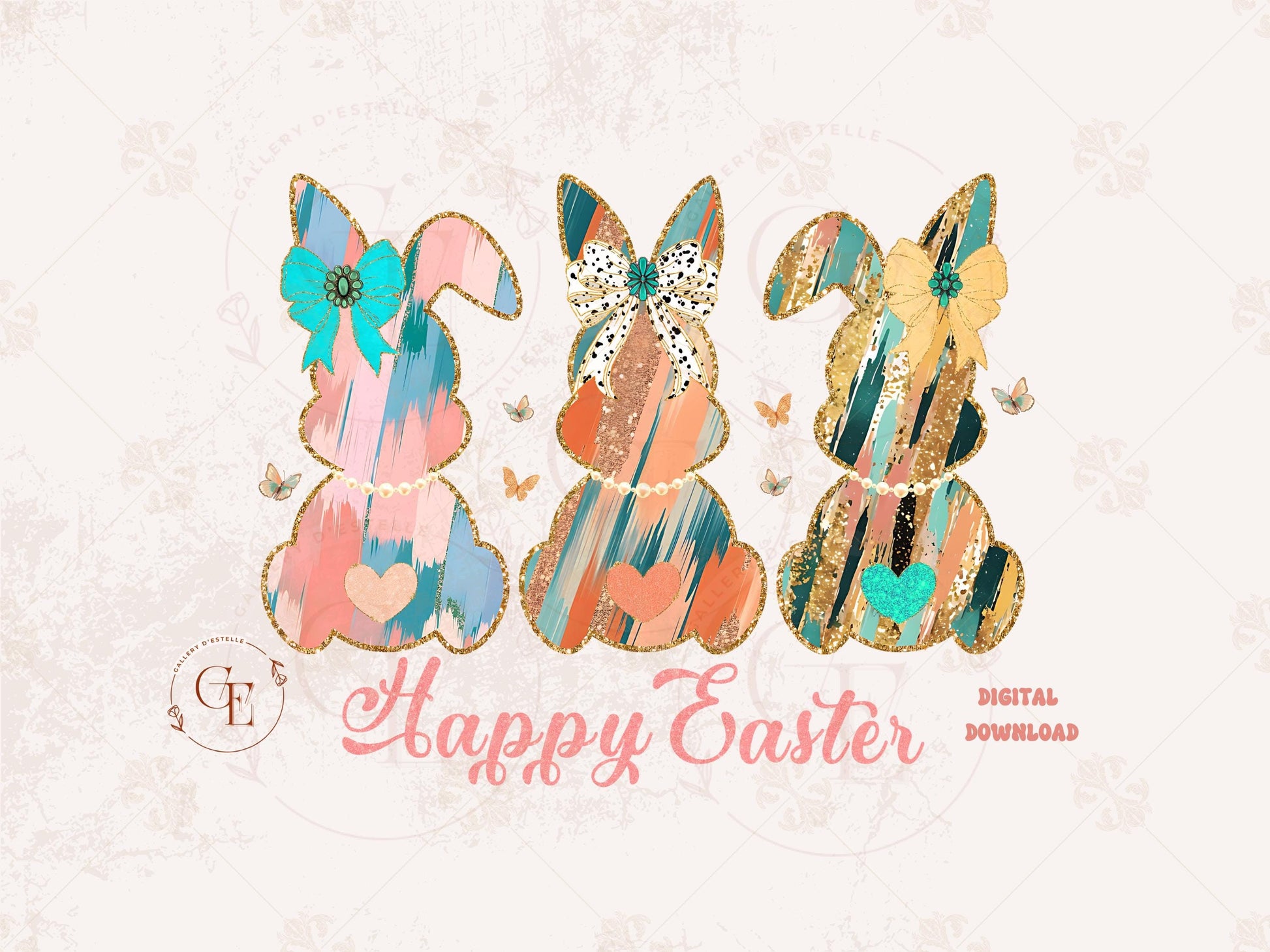 Coquette Easter Bunnies PNG, Gold Pink Brushstroke Art, Happy Easter Graphic, Trendy Country Shirt Design