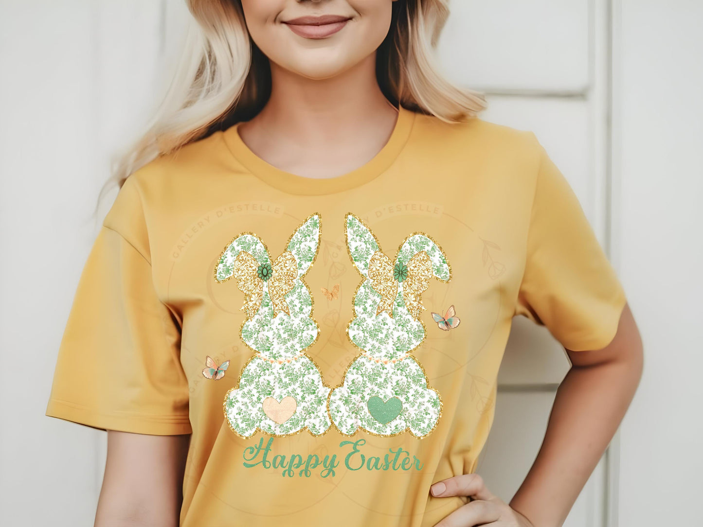 Coquette Green Toile Bunnies PNG, Vintage Glitter Lace Bow Graphic, Happy Easter Art, Country Chic Shirt Design