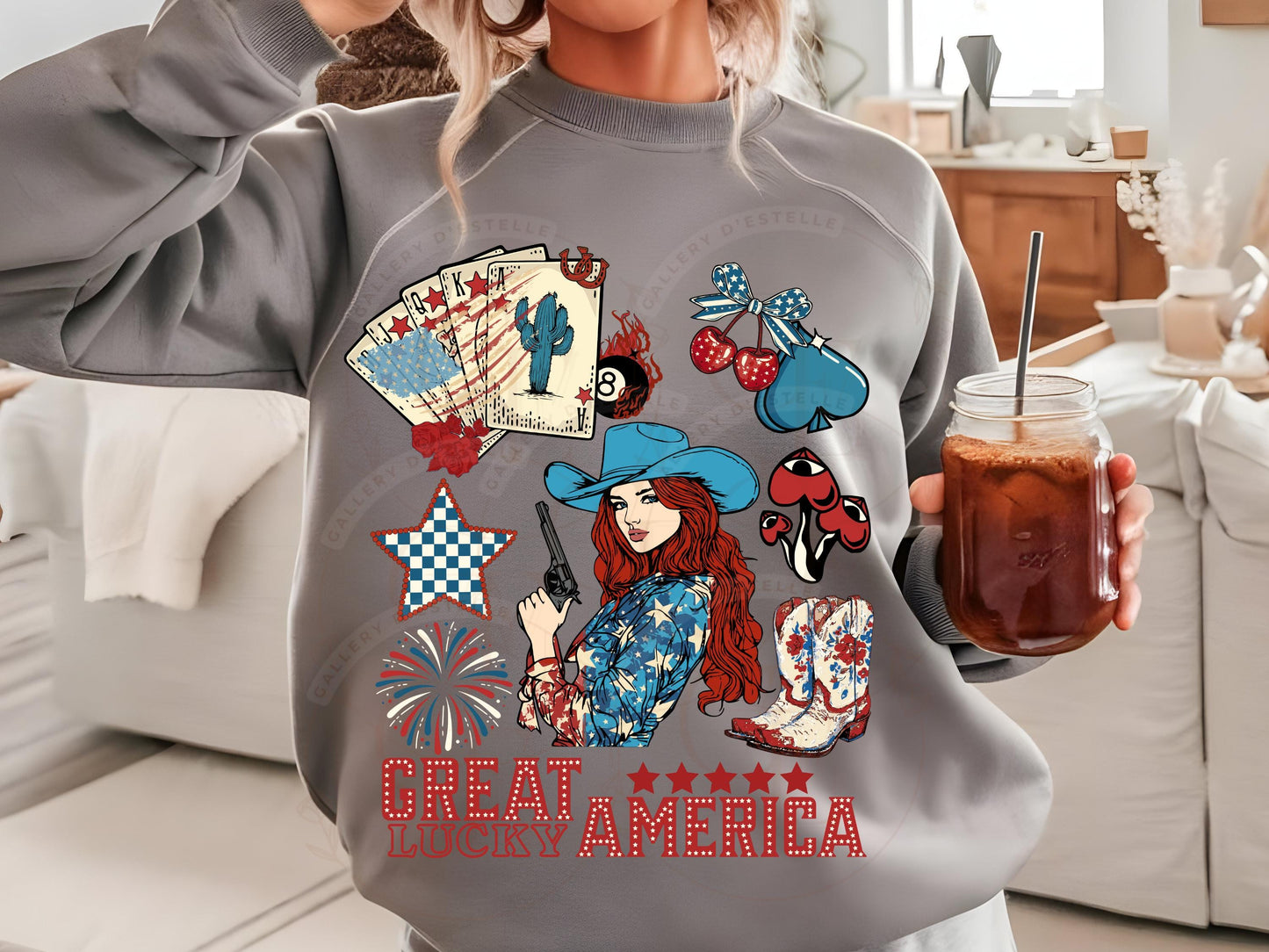 Great America Lucky PNG, Western Patriotic Cowgirl Casino Collage, Lucky 4th of July Country Shirt Design